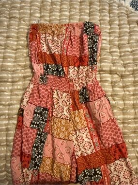 blue island Strapless Patchwork Romper in Pink, Red, Black, Mustard